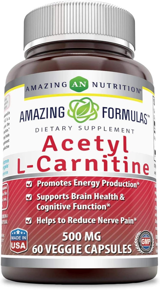 Amazing Formulas Acetyl L-Carnitine HCL Veggie Capsules - 500mg (60 Count) - Non-GMO, Gluten-Free Supplement for Energy & Cognitive Function