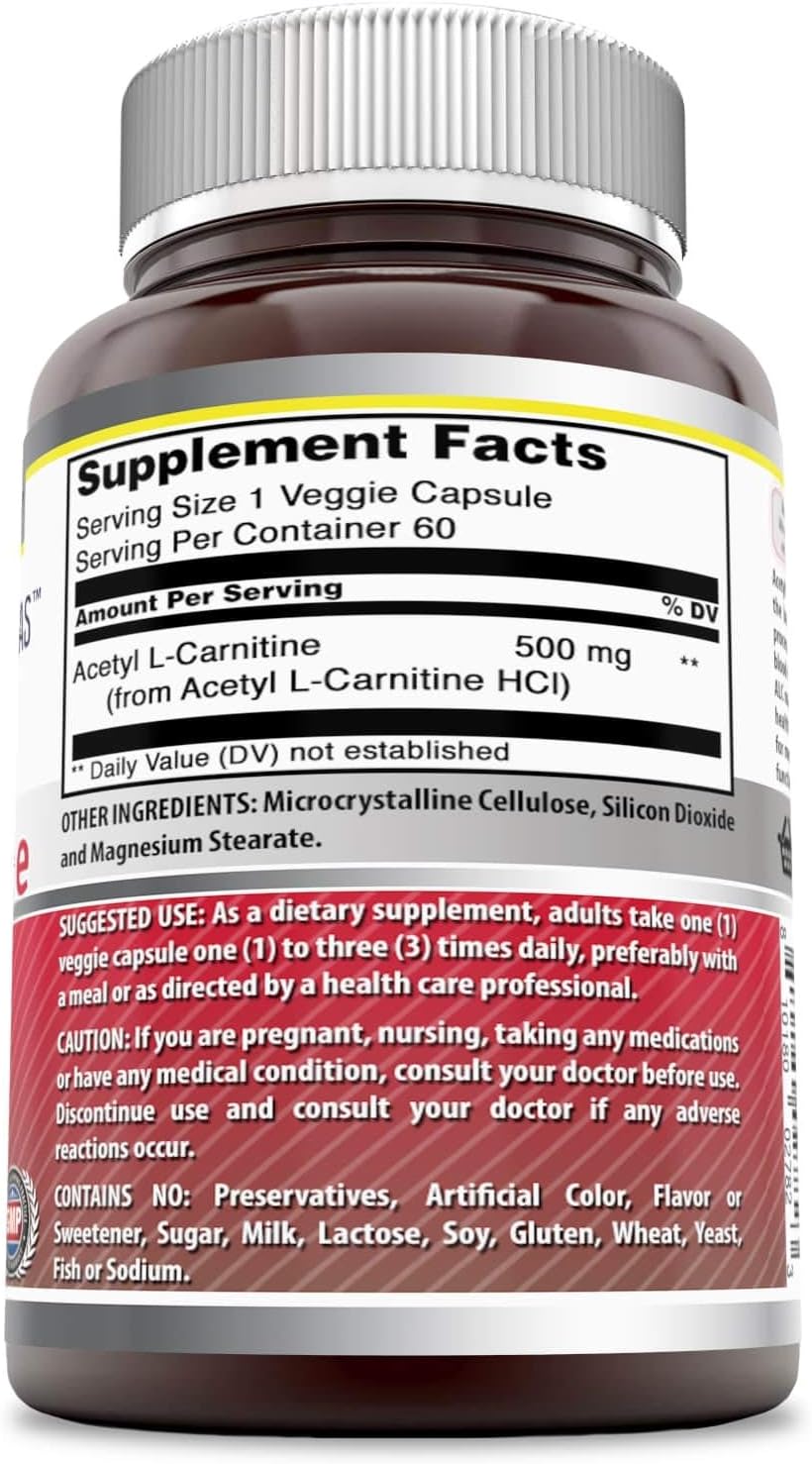 Amazing Formulas Acetyl L-Carnitine HCL Veggie Capsules - 500mg (60 Count) - Non-GMO, Gluten-Free Supplement for Energy & Cognitive Function
