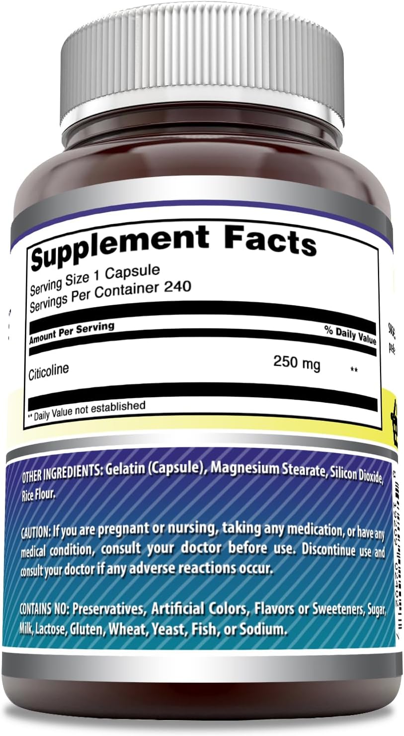 Amazing Formulas Citicoline 250mg Capsules - 240 Count - Non-GMO & Gluten Free - USA Made Supplement