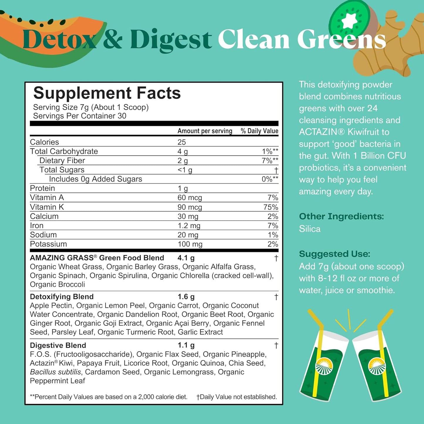 Amazing Grass Greens Superfood Detox & Digest: Greens Powder with Digestive Enzymes & Probiotics, Clean Green, 30 Servings