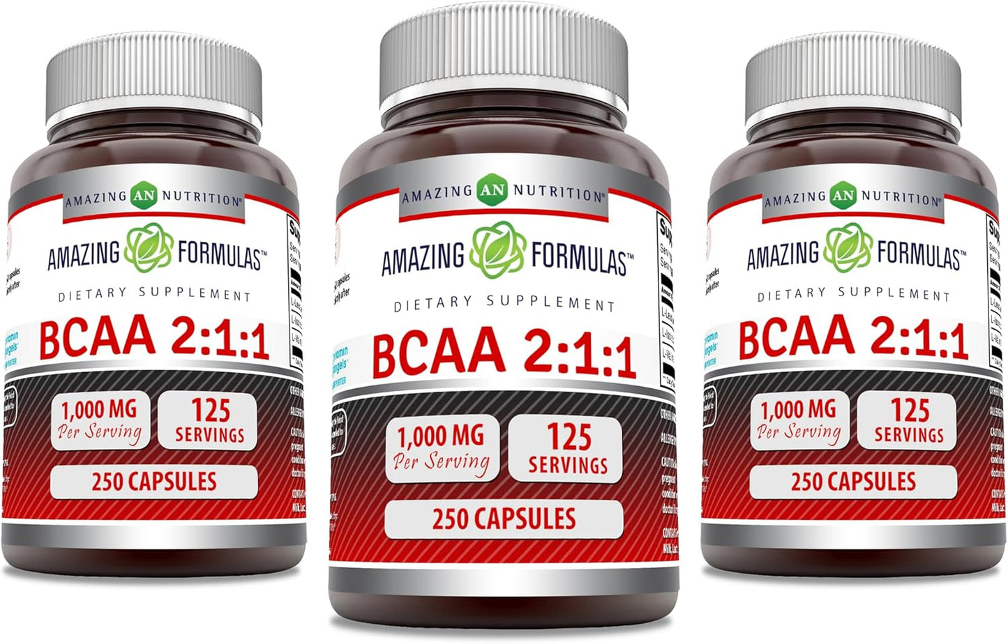 Amazing Nutrition Amazing Formulas BCAA 2:1:1 Capsules - 1000mg Per Serving - 3 Pack of 250 Count - BCAA Supplement - Non-GMO - Gluten-Free - Made in USA