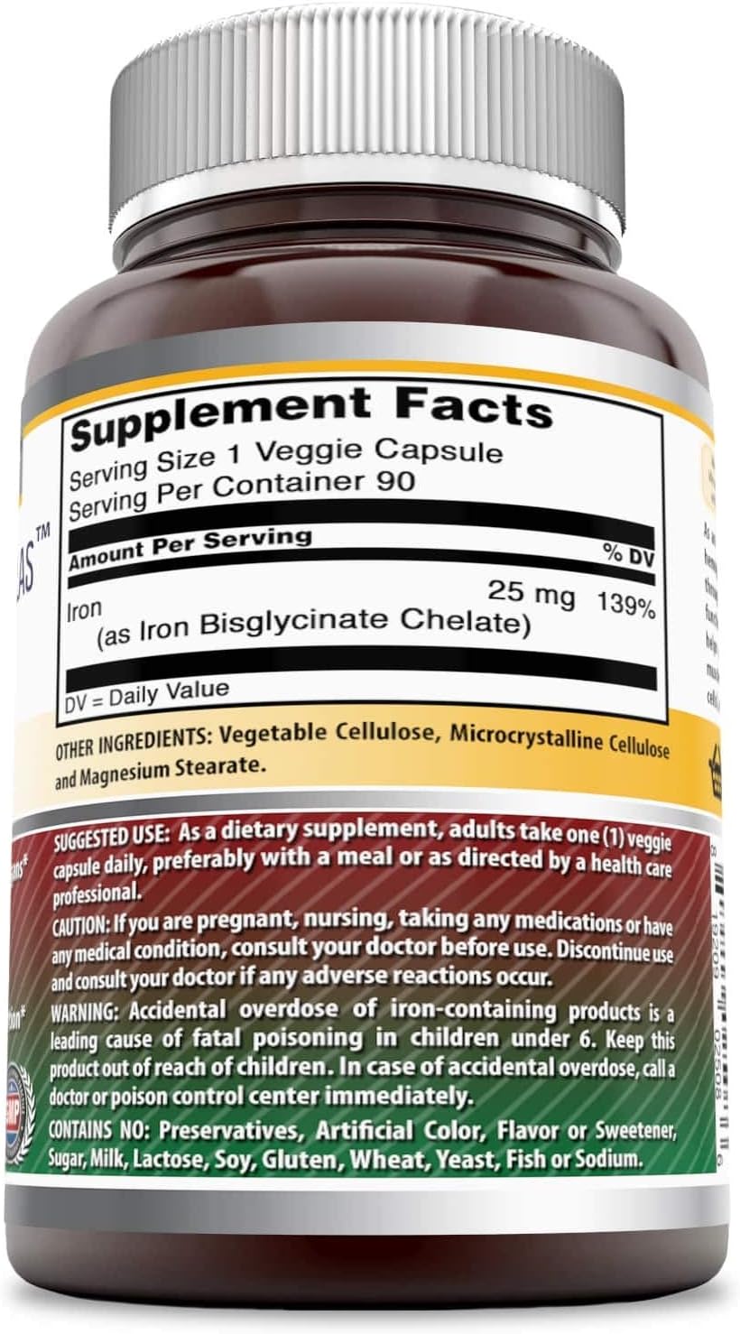 Amazing Nutrition Amazing Formulas Iron Bisglycinate Capsules - 25mg, Non-GMO, Gluten Free, Supports Oxygen Supply to Tissues & Organs, 90 Veggie Capsules