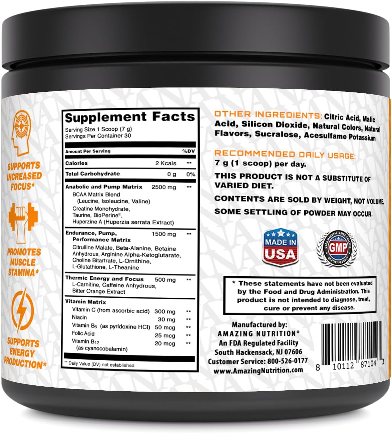 Amazing Nutrition Amazing PRE: Ultimate Pre-Workout Supplement with 2.5 Grams BCAA - Natural Orange Flavor - 30 Servings Powder