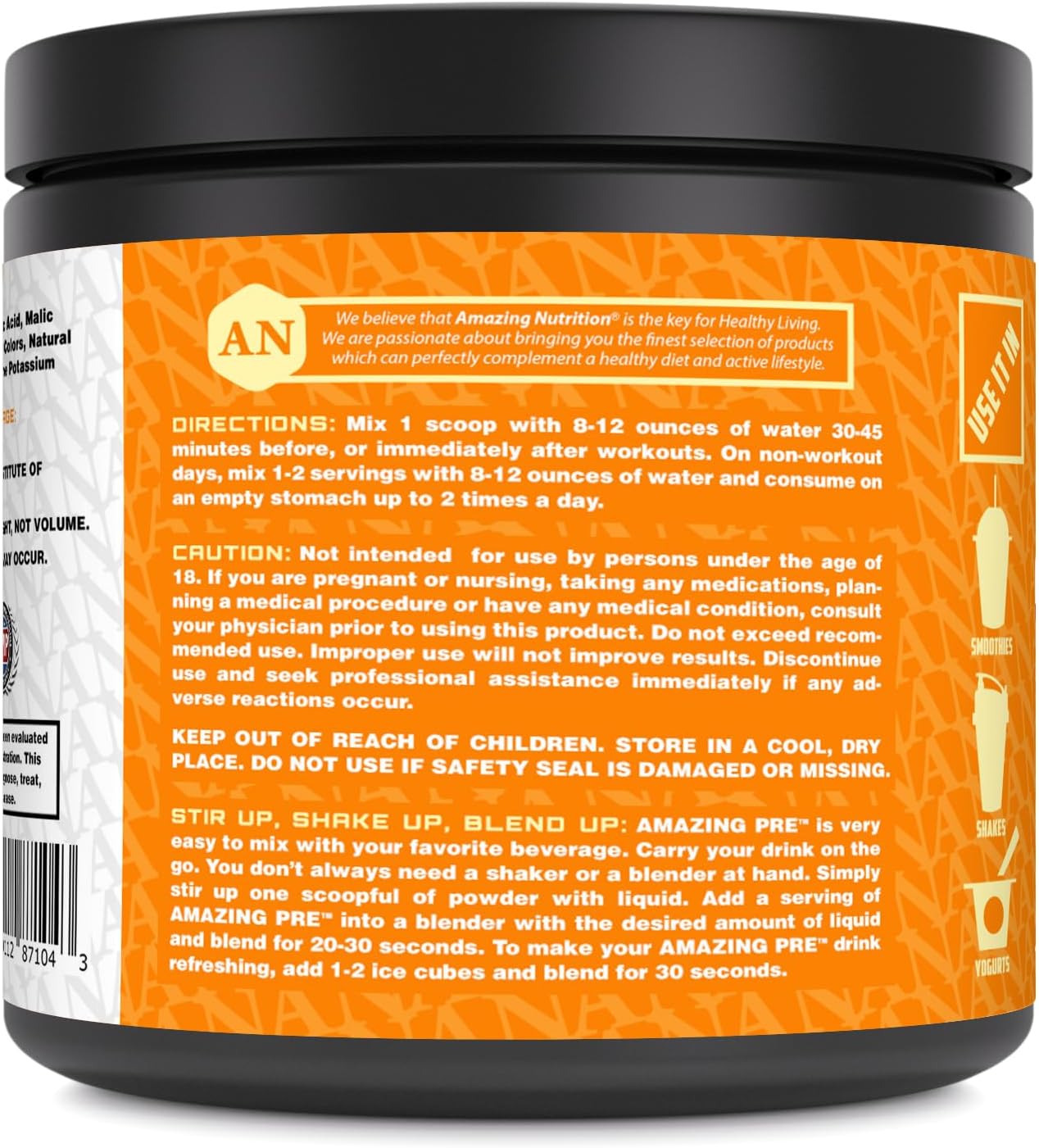 Amazing Nutrition Amazing PRE: Ultimate Pre-Workout Supplement with 2.5 Grams BCAA - Natural Orange Flavor - 30 Servings Powder