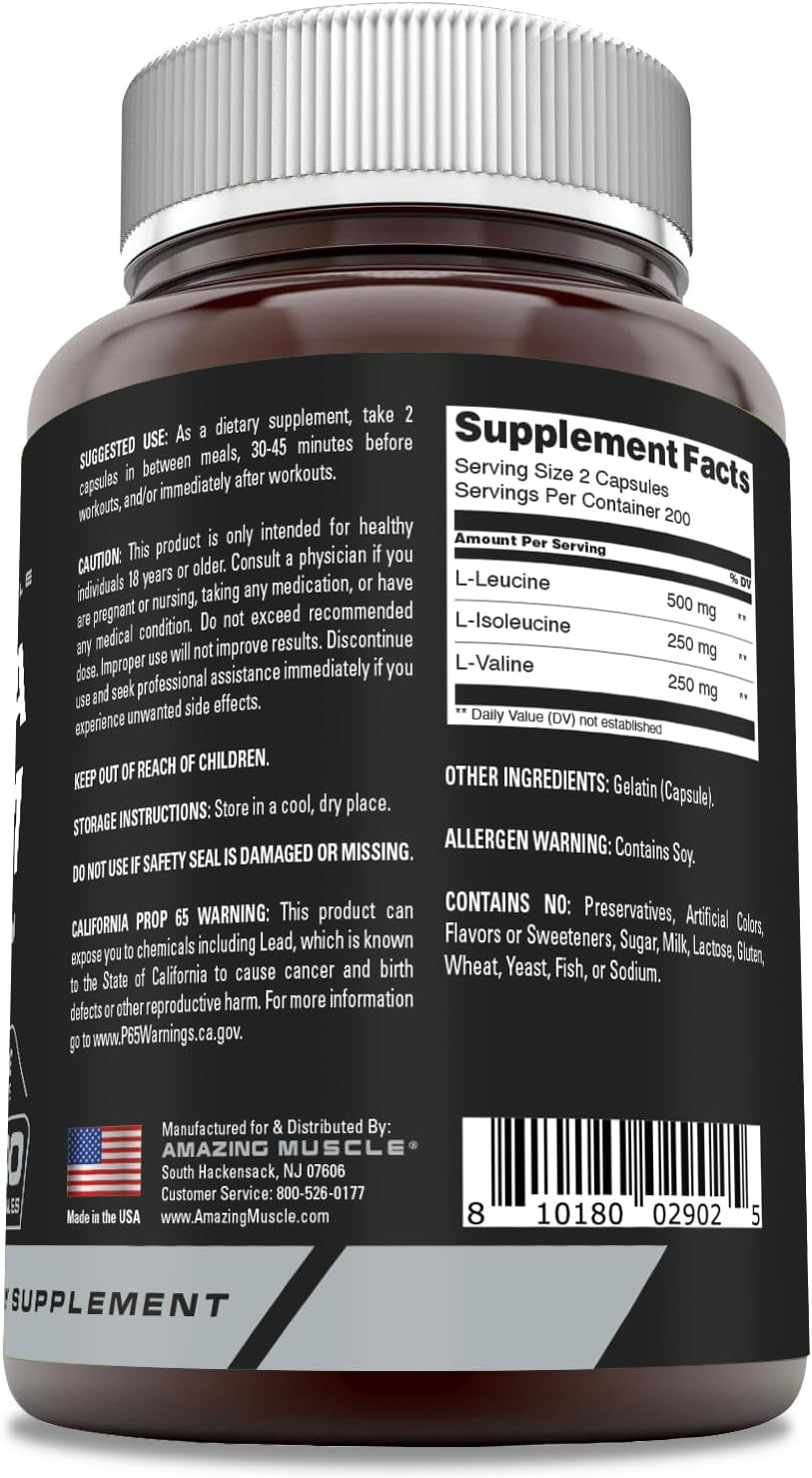 Amazing Nutrition BCAA 2:1:1 1000 Mg Pre-Workout Supplement - 400 Capsules - Non-GMO - Gluten-Free - USA Made