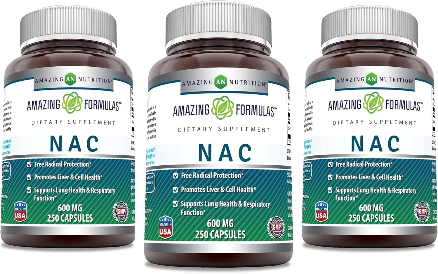 Amazing Nutrition NAC 600mg Supplement | N-Acetyl Cysteine Capsules | Non-GMO, Gluten Free | Made in USA | 3 Pack, 250 Count