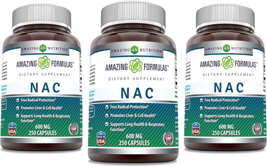 Amazing Nutrition NAC 600mg Supplement | N-Acetyl Cysteine Capsules | Non-GMO, Gluten Free | Made in USA | 3 Pack, 250 Count