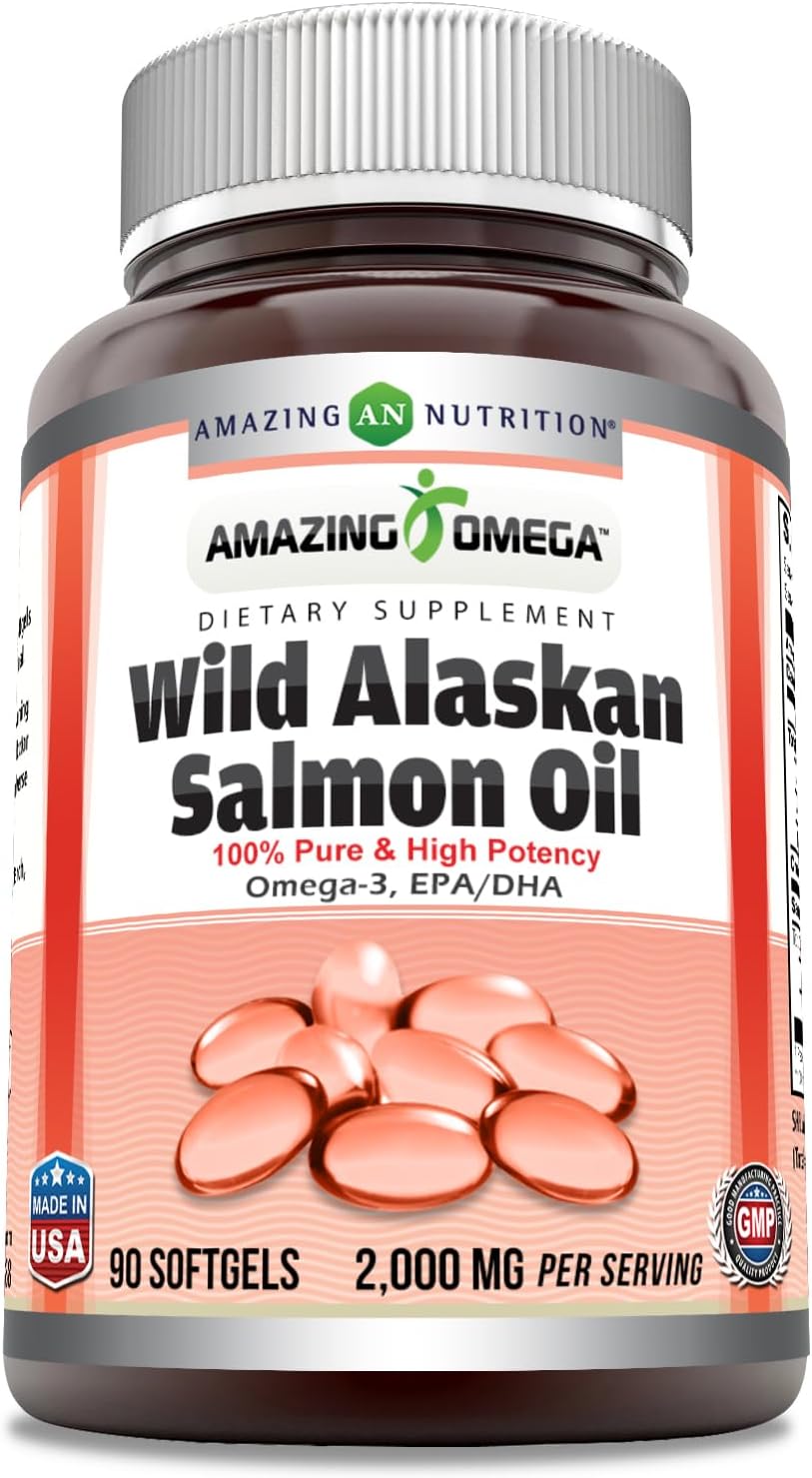 Amazing Nutrition Wild Alaskan Salmon Oil Softgels - 2000mg Per Serving - 90 Count Supplement