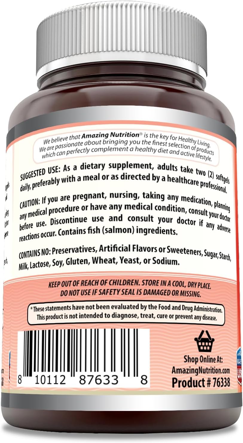 Amazing Nutrition Wild Alaskan Salmon Oil Softgels - 2000mg Per Serving - 90 Count Supplement