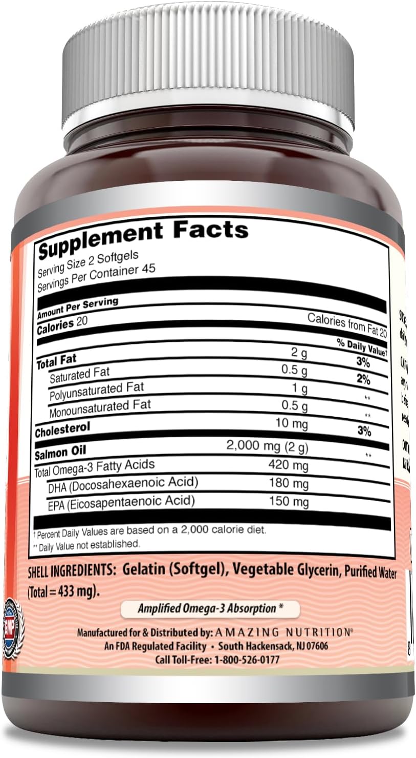 Amazing Nutrition Wild Alaskan Salmon Oil Softgels - 2000mg Per Serving - 90 Count Supplement
