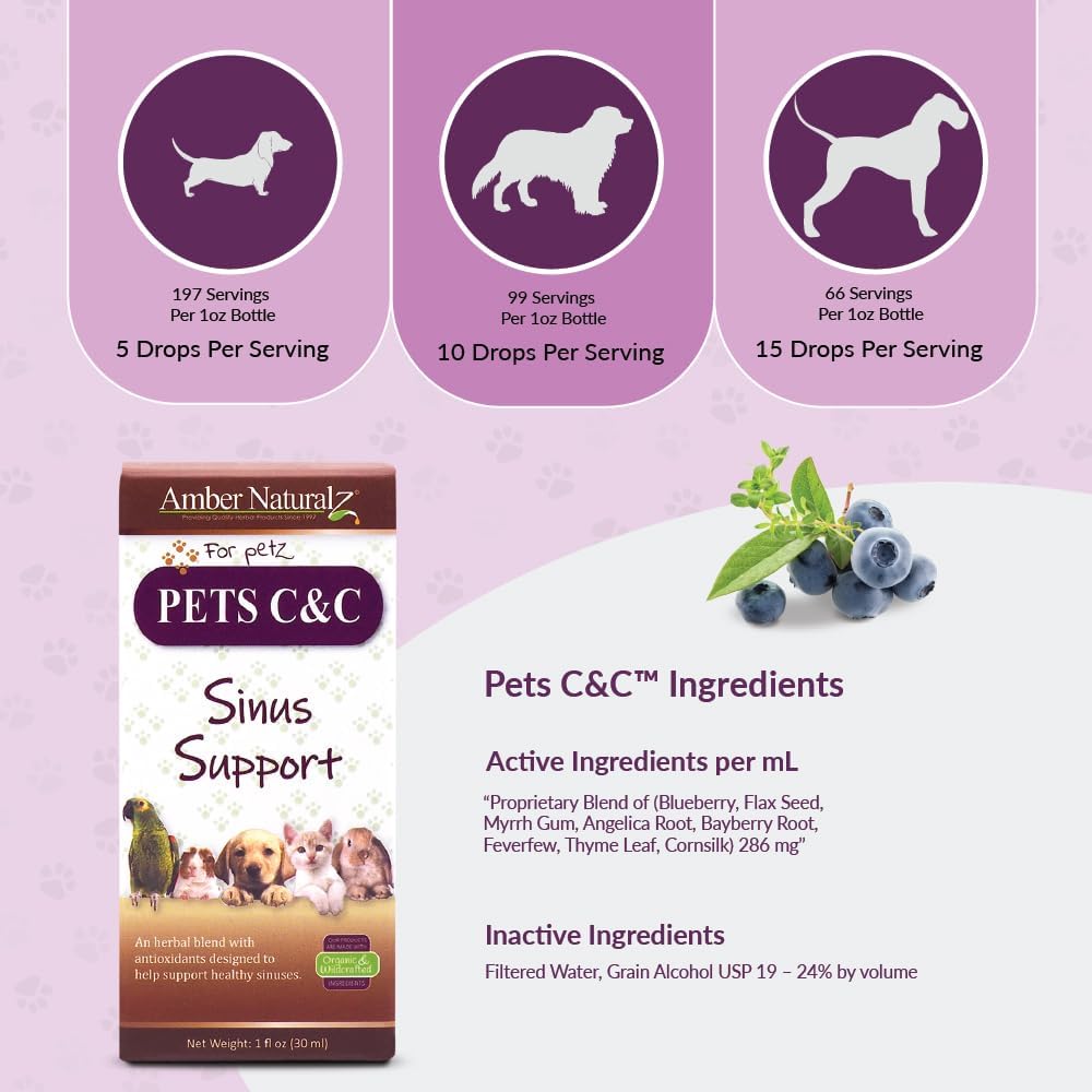 Amber NaturalZ Pet Herbal Supplement for Healthy Sinus - 1oz Glass Bottle - Made in USA - Dogs, Cats, Birds, Guinea Pigs, Rabbits