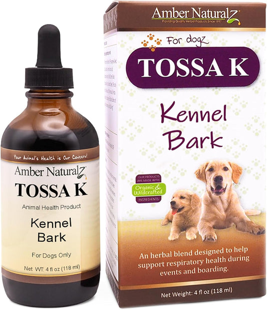 Amber NaturalZ Tossa K Kennel Bark Herbal Supplements for Dogs | Canine Respiratory Health Blend | 4oz Glass Bottle | USA Made