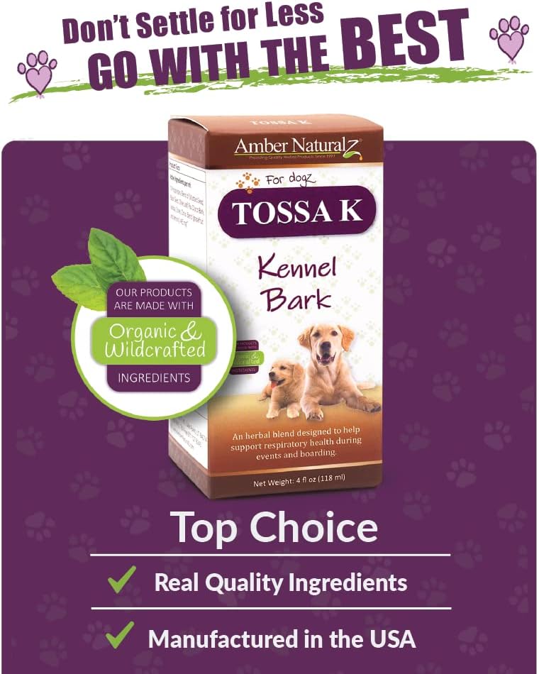 Amber NaturalZ Tossa K Kennel Bark Herbal Supplements for Dogs | Canine Respiratory Health Blend | 4oz Glass Bottle | USA Made