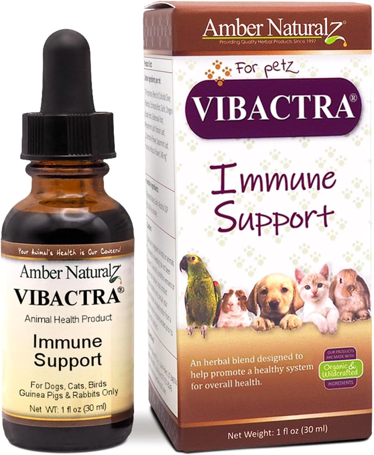 Amber NaturalZ Vibactra Herbal Supplement for Pets | Immune Support for Dogs, Cats, Birds, Guinea Pigs, and Rabbits | 1oz Glass Bottle | Made in USA