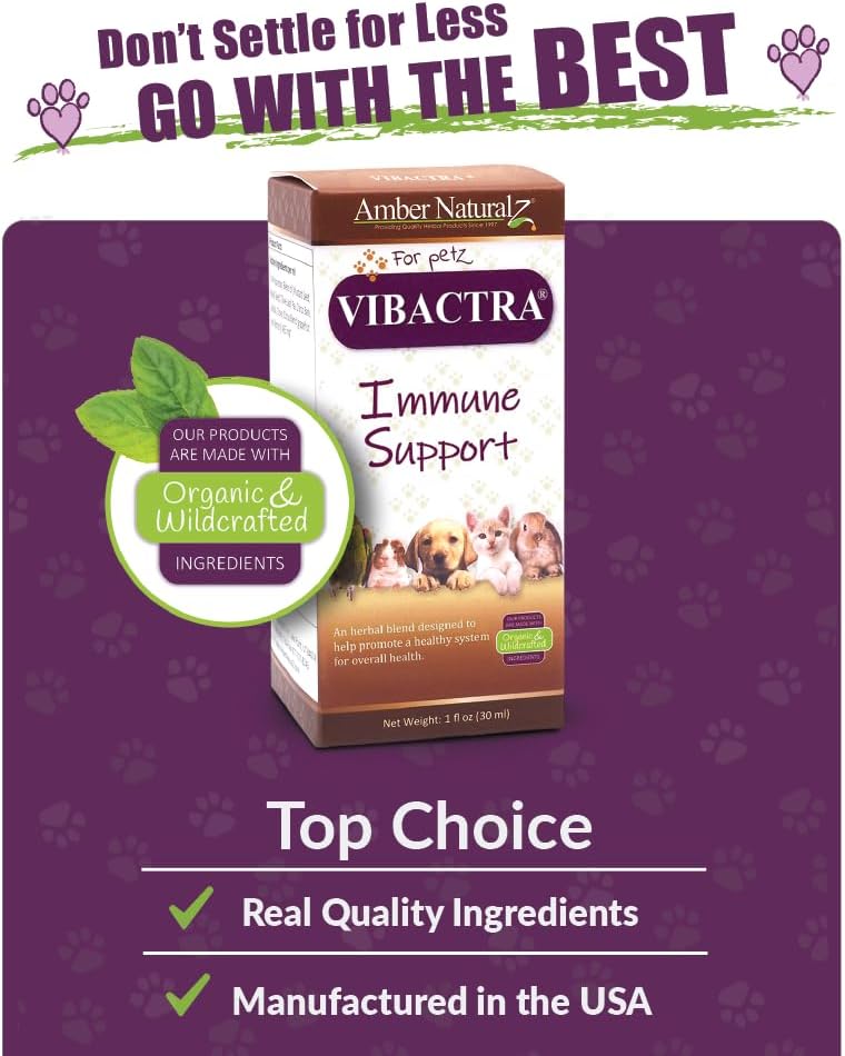 Amber NaturalZ Vibactra Herbal Supplement for Pets | Immune Support for Dogs, Cats, Birds, Guinea Pigs, and Rabbits | 1oz Glass Bottle | Made in USA