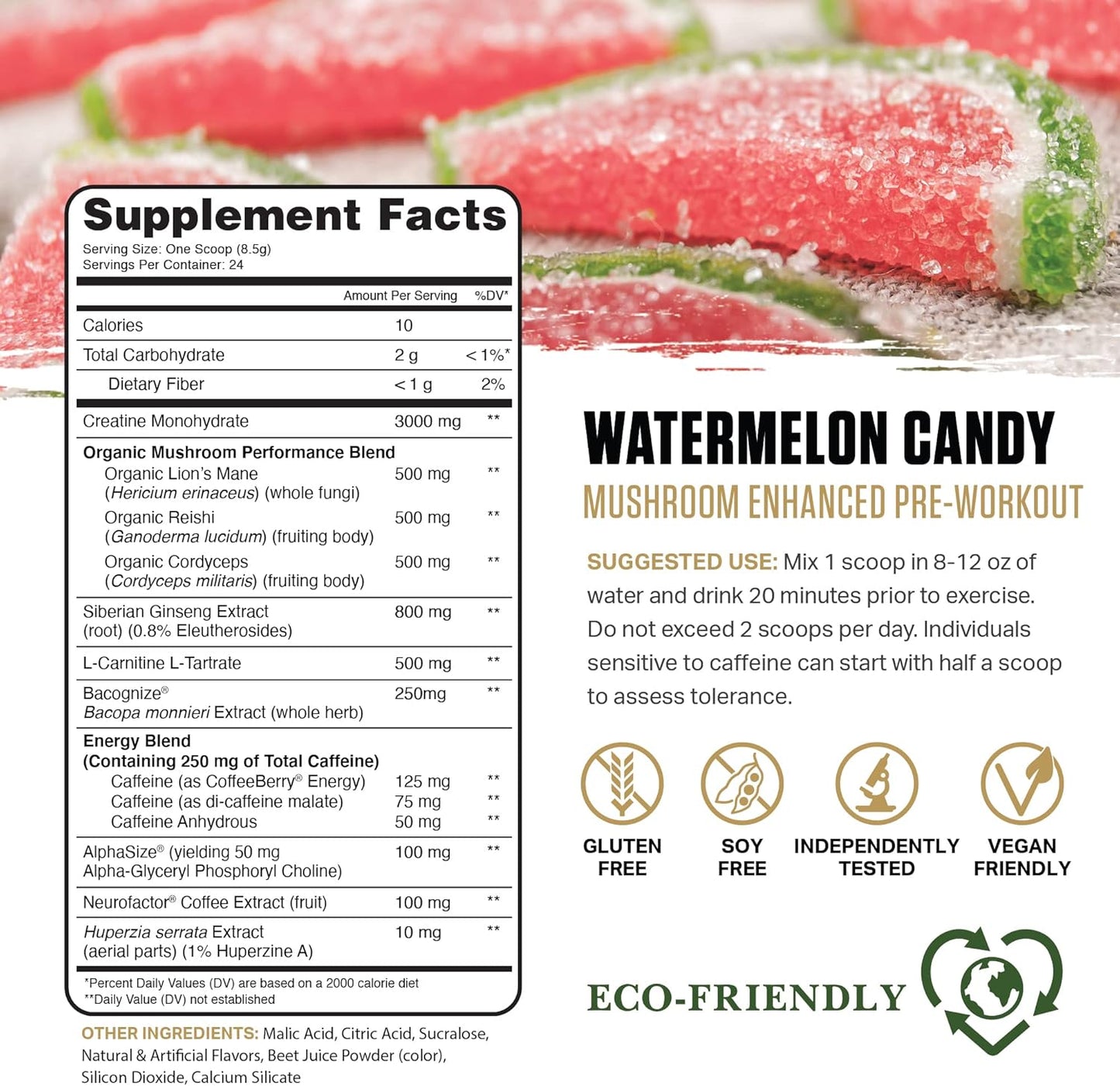 Ambrosia Kinetic Organic Preworkout with Mushroom Enhanced Nootropic Superfood Powder for Energy - Watermelon Candy Flavor