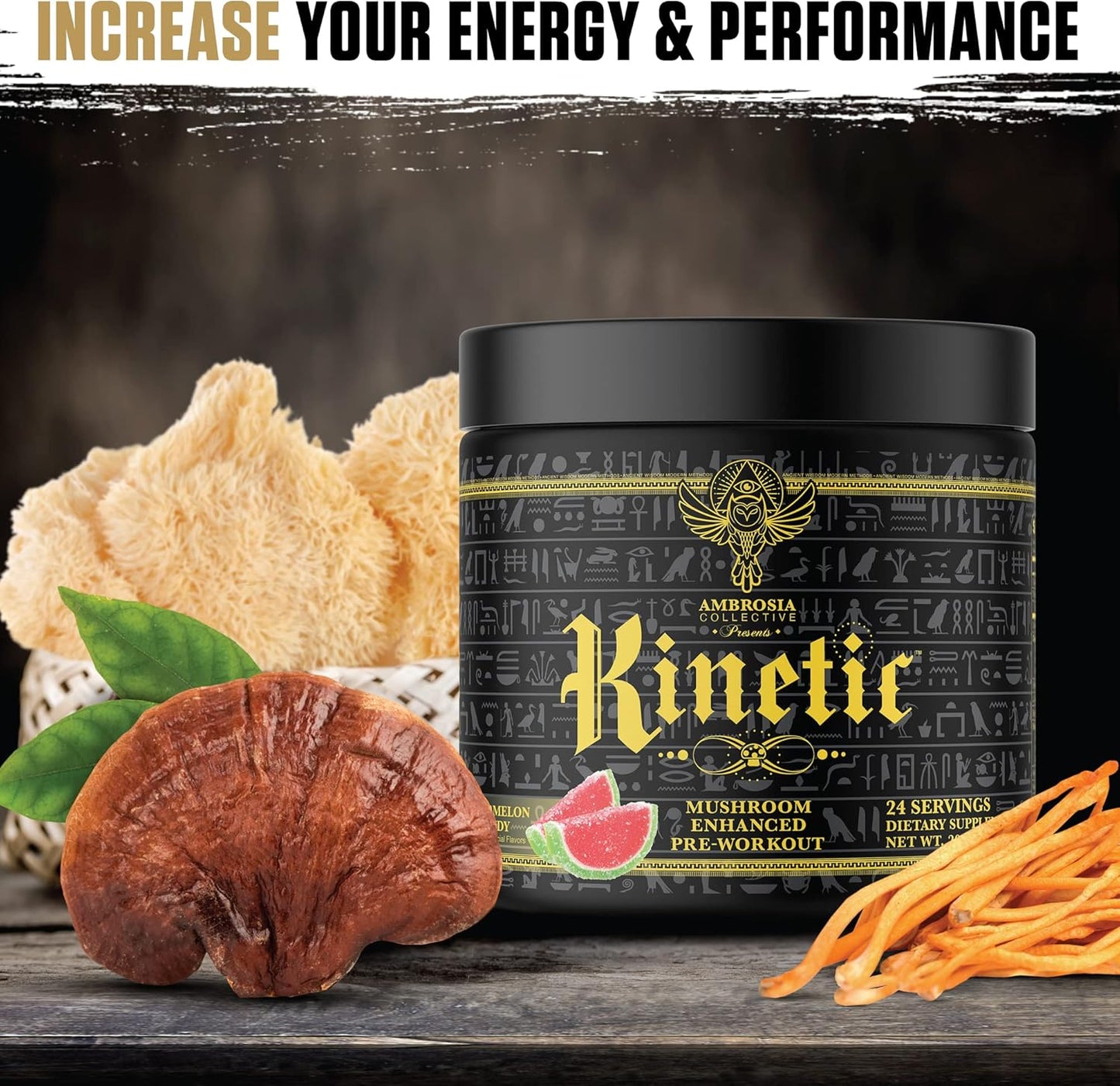 Ambrosia Kinetic Organic Preworkout with Mushroom Enhanced Nootropic Superfood Powder for Energy - Watermelon Candy Flavor