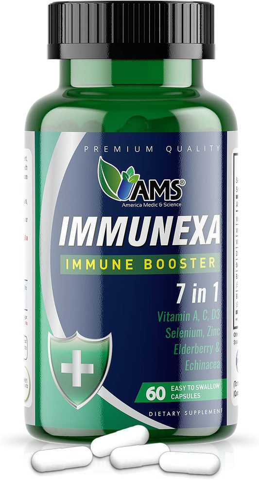 America Medic & Science Immunexa 7 in 1 Immune Support Booster Capsules - Vitamin A, C, D, Zinc, Echinacea, Elderberry | Adults Immunity Boosting Supplement - Natural, Non-GMO & Gluten-Free