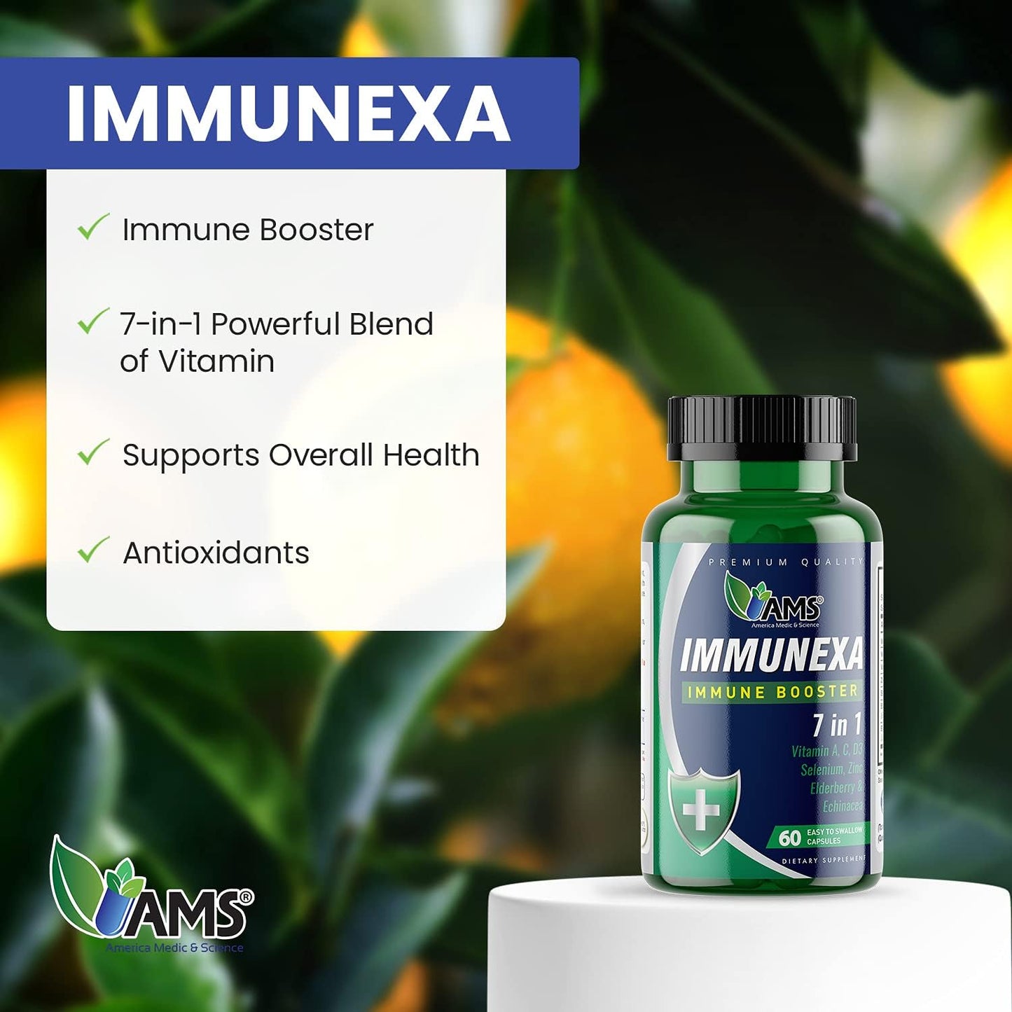 America Medic & Science Immunexa 7 in 1 Immune Support Booster Capsules - Vitamin A, C, D, Zinc, Echinacea, Elderberry | Adults Immunity Boosting Supplement - Natural, Non-GMO & Gluten-Free