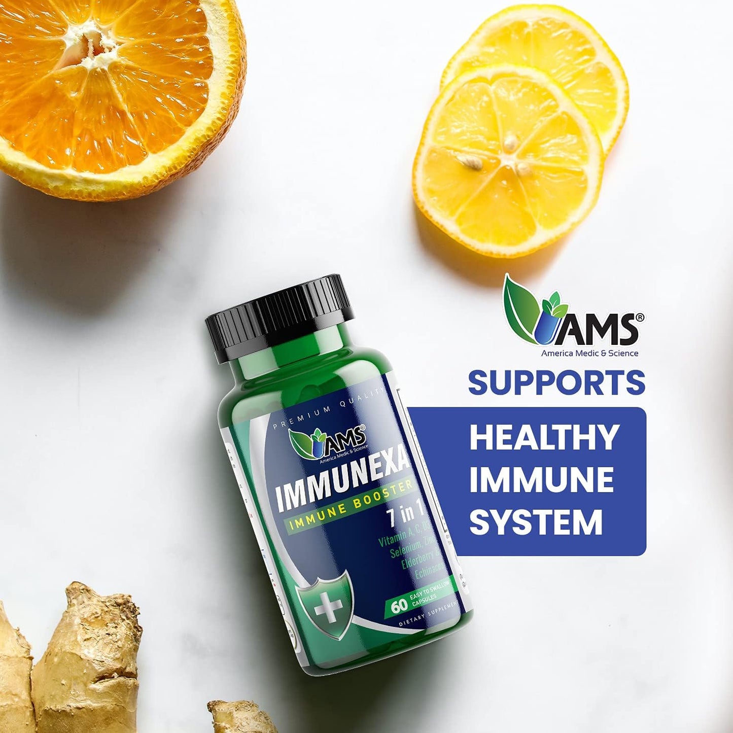 America Medic & Science Immunexa 7 in 1 Immune Support Booster Capsules - Vitamin A, C, D, Zinc, Echinacea, Elderberry | Adults Immunity Boosting Supplement - Natural, Non-GMO & Gluten-Free