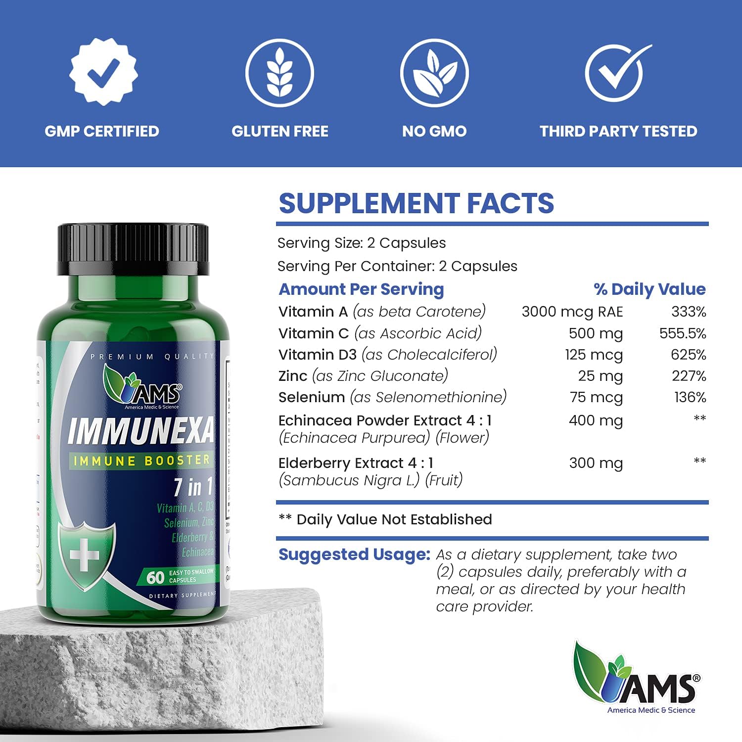 America Medic & Science Immunexa 7 in 1 Immune Support Booster Capsules - Vitamin A, C, D, Zinc, Echinacea, Elderberry | Adults Immunity Boosting Supplement - Natural, Non-GMO & Gluten-Free