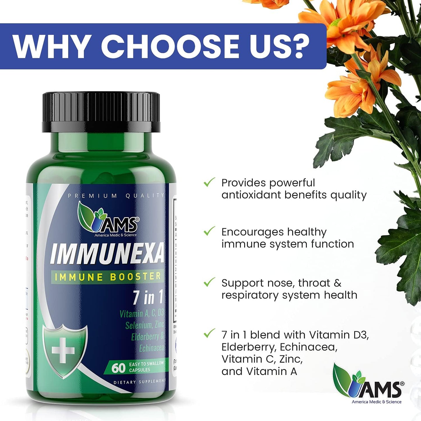 America Medic & Science Immunexa 7 in 1 Immune Support Booster Capsules - Vitamin A, C, D, Zinc, Echinacea, Elderberry | Adults Immunity Boosting Supplement - Natural, Non-GMO & Gluten-Free