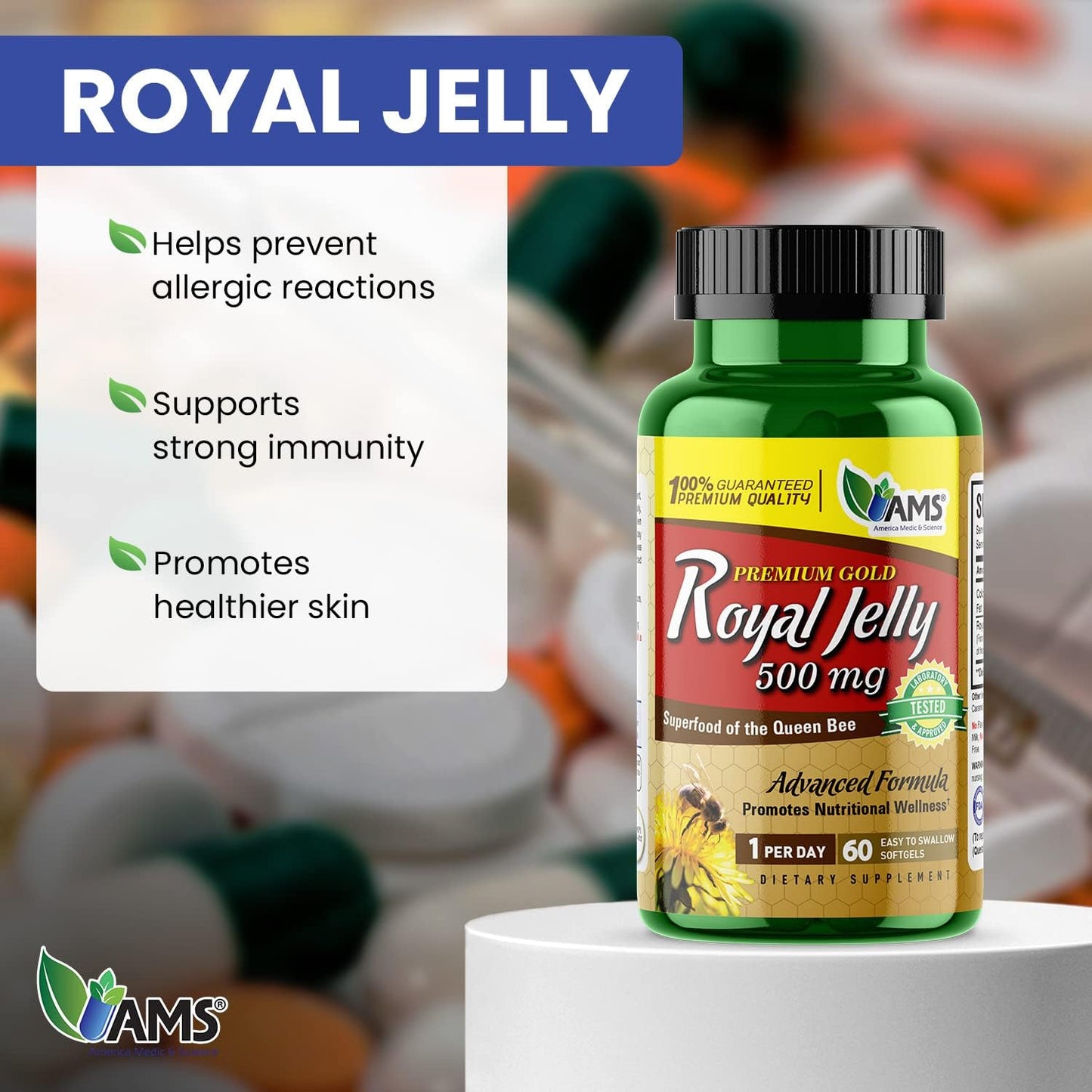 America Medic & Science Royal Jelly 500mg Softgels - Immunity & Fertility Support for Women - Skin, Liver, Heart, Brain Health - Queen Bee Superfood