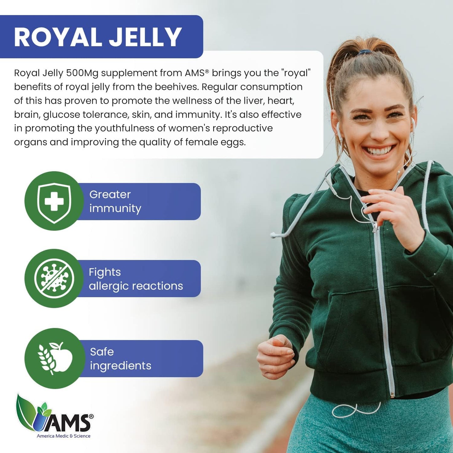 America Medic & Science Royal Jelly 500mg Softgels - Immunity & Fertility Support for Women - Skin, Liver, Heart, Brain Health - Queen Bee Superfood