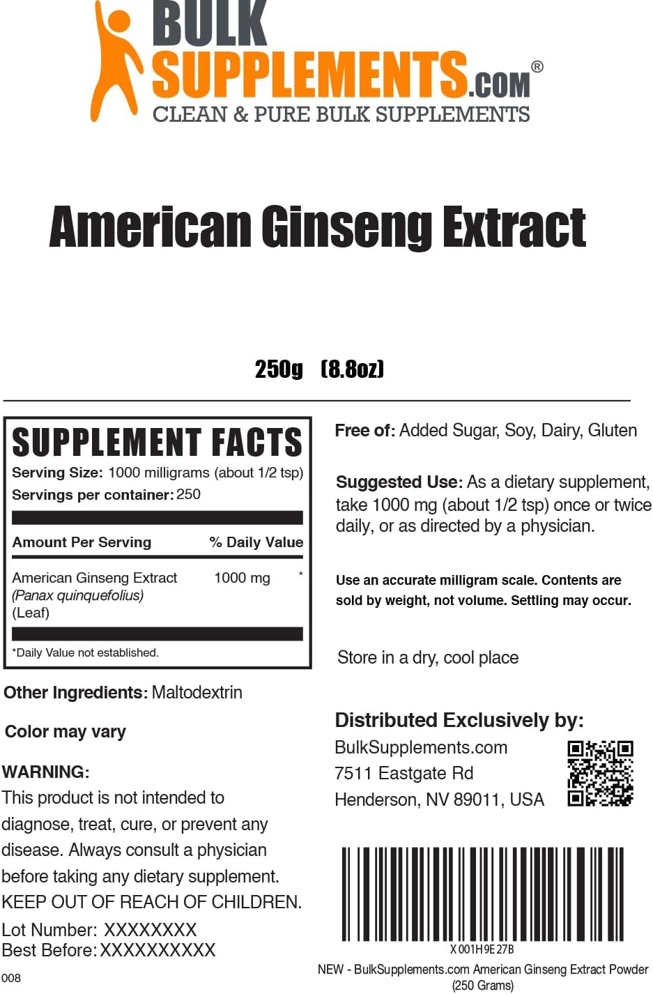 American Ginseng Extract Powder - 1000mg per Serving - 250g (8.8 oz) - Gluten Free Herbal Supplement
