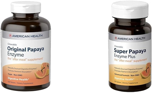 American Health Papaya Digestive Enzyme Chewables 600 Count & Enzyme Plus 90 Count - Digestive Support Supplements for Optimal Health