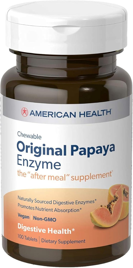 American Health Papaya Enzyme Chewable Tablets - Supports Digestion, Nutrient Absorption - Gluten-Free, Vegetarian - 100 Count, Original Formula