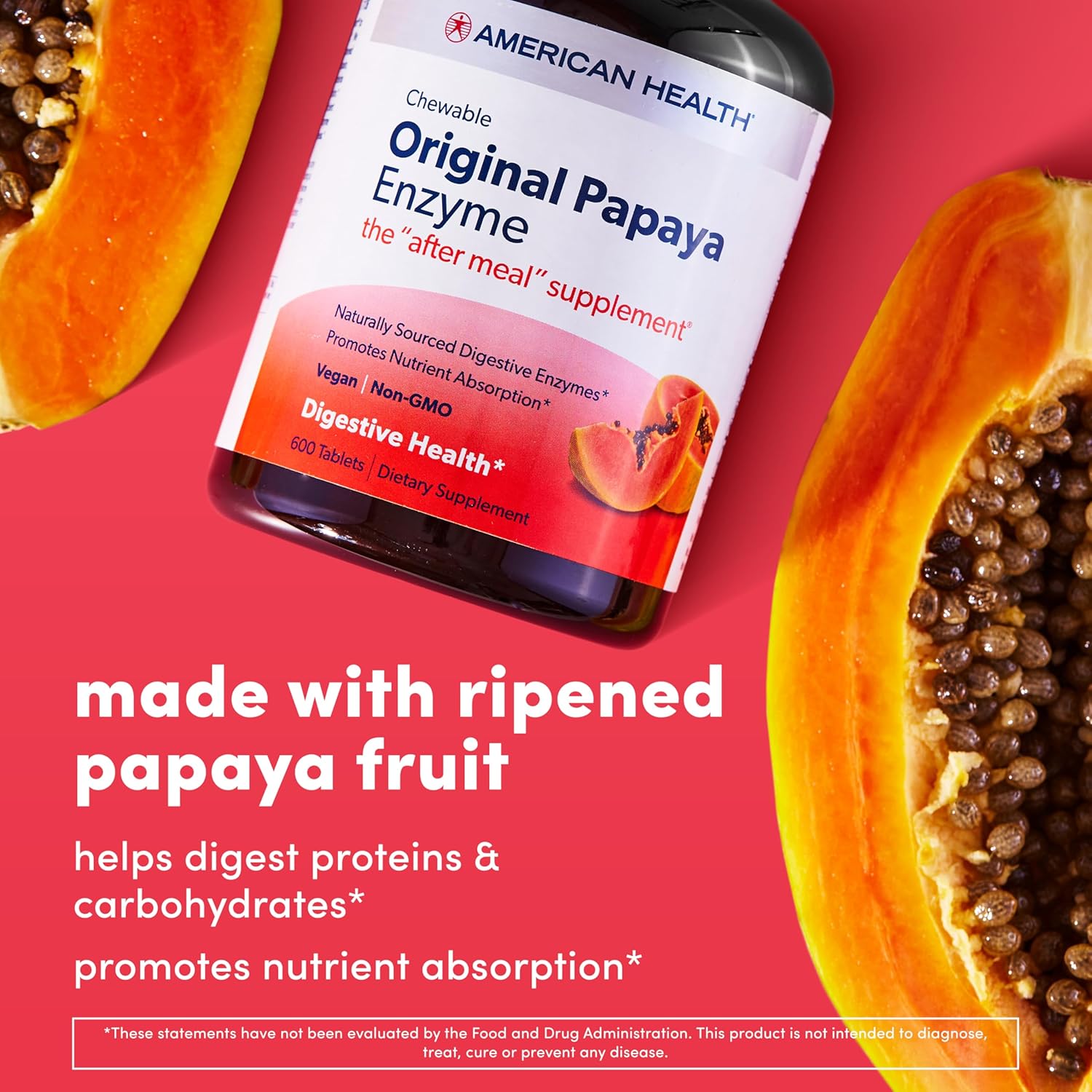 American Health Papaya Enzyme Chewable Tablets - Supports Digestion, Nutrient Absorption - Gluten-Free, Vegetarian - 100 Count, Original Formula