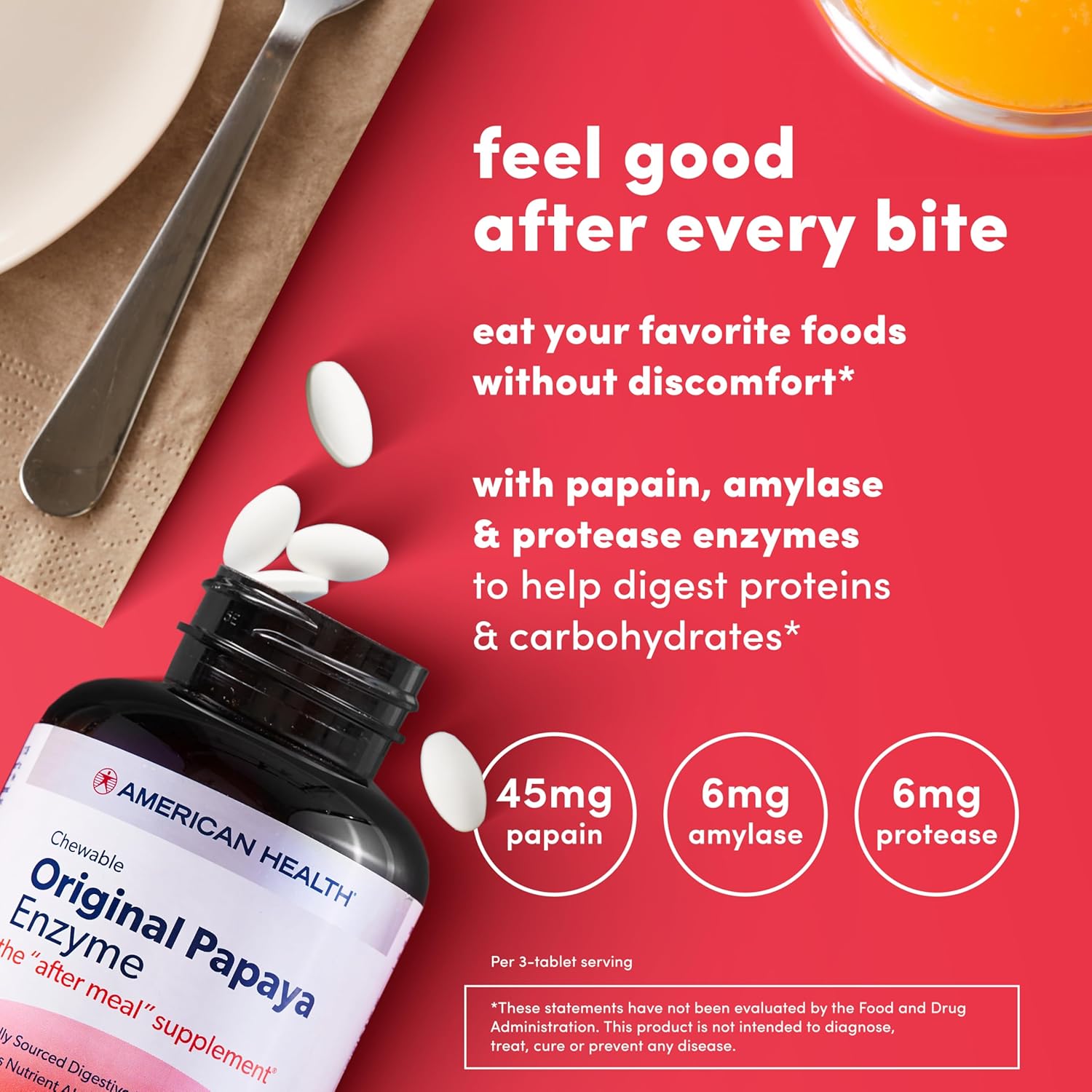 American Health Papaya Enzyme Chewable Tablets - Supports Digestion, Nutrient Absorption - Gluten-Free, Vegetarian - 100 Count, Original Formula