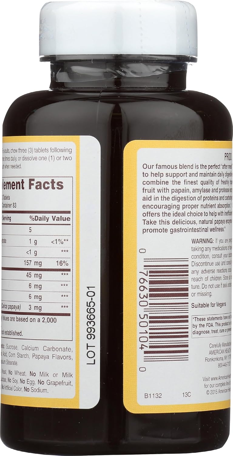 American Health Papaya Enzyme Plus Dietary Supplement, 250 Count Bottle