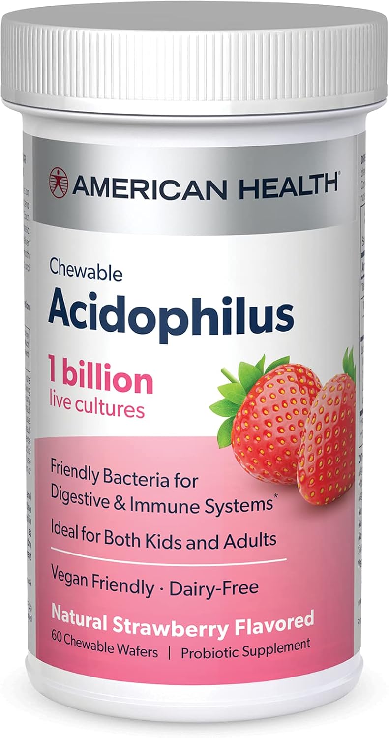 AMERICAN HEALTH Strawberry Acidophilus Chewable Tablets - 1 Billion Live Cultures for Digestive & Immune Health - 60 Count