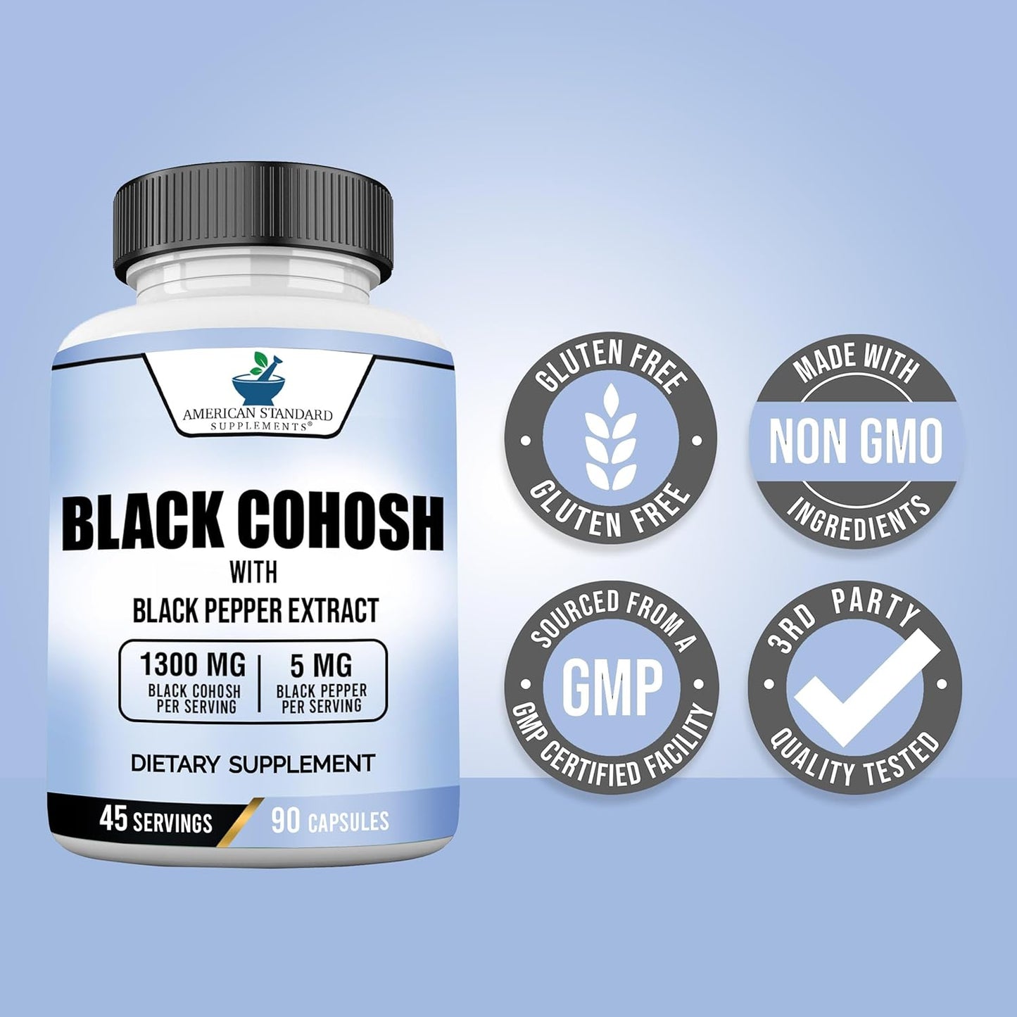 American Standard Black Cohosh Supplement - 1300mg with Black Pepper - Vegan, Gluten Free, Non-GMO - 90 Capsules, 45 Servings