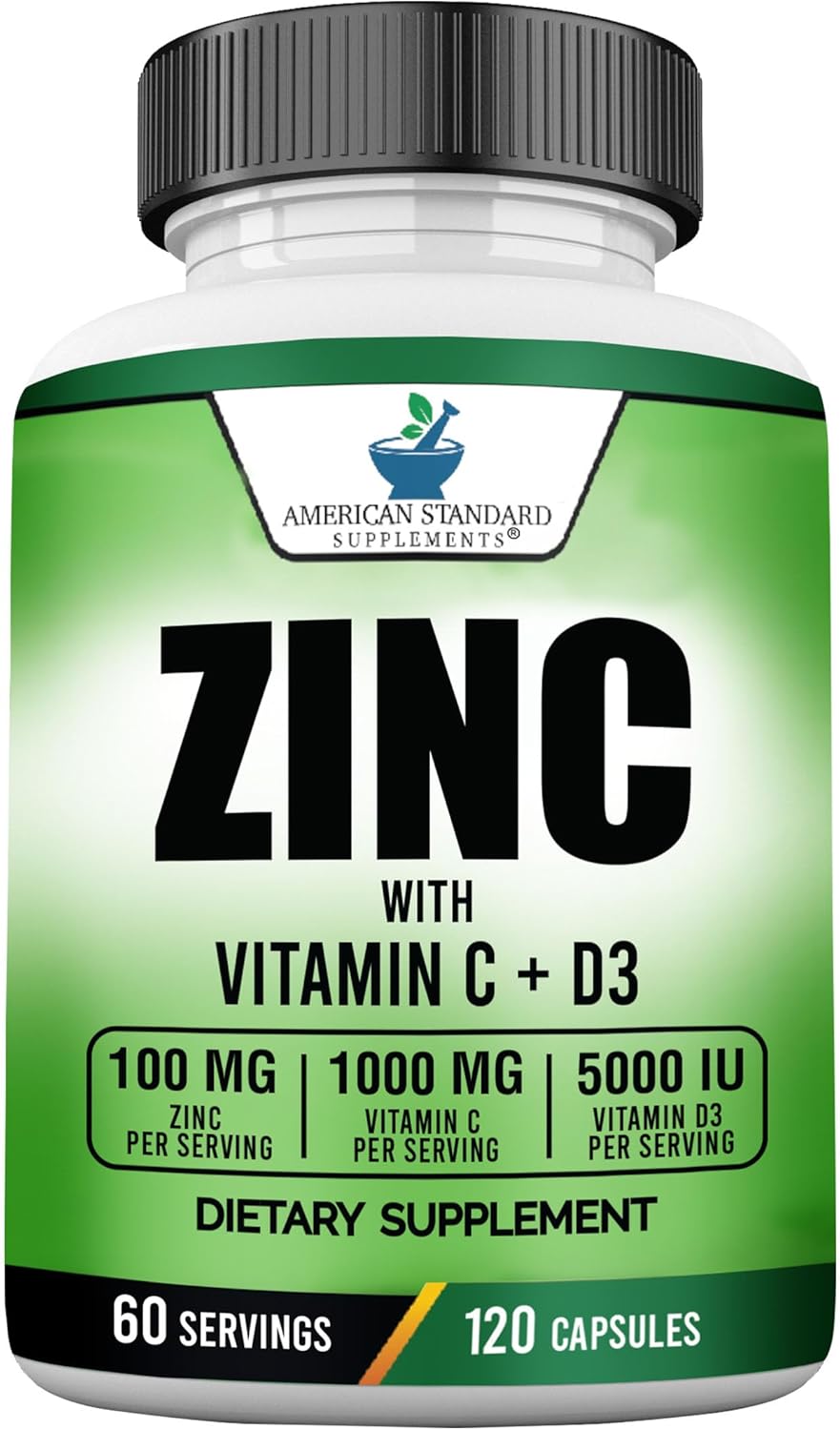 American Standard Supplements Zinc 100mg, Vitamin C 1000mg, and Vitamin D3 5000 IU Capsules - Gluten Free, Non-GMO, 120 Capsules, 60 Servings