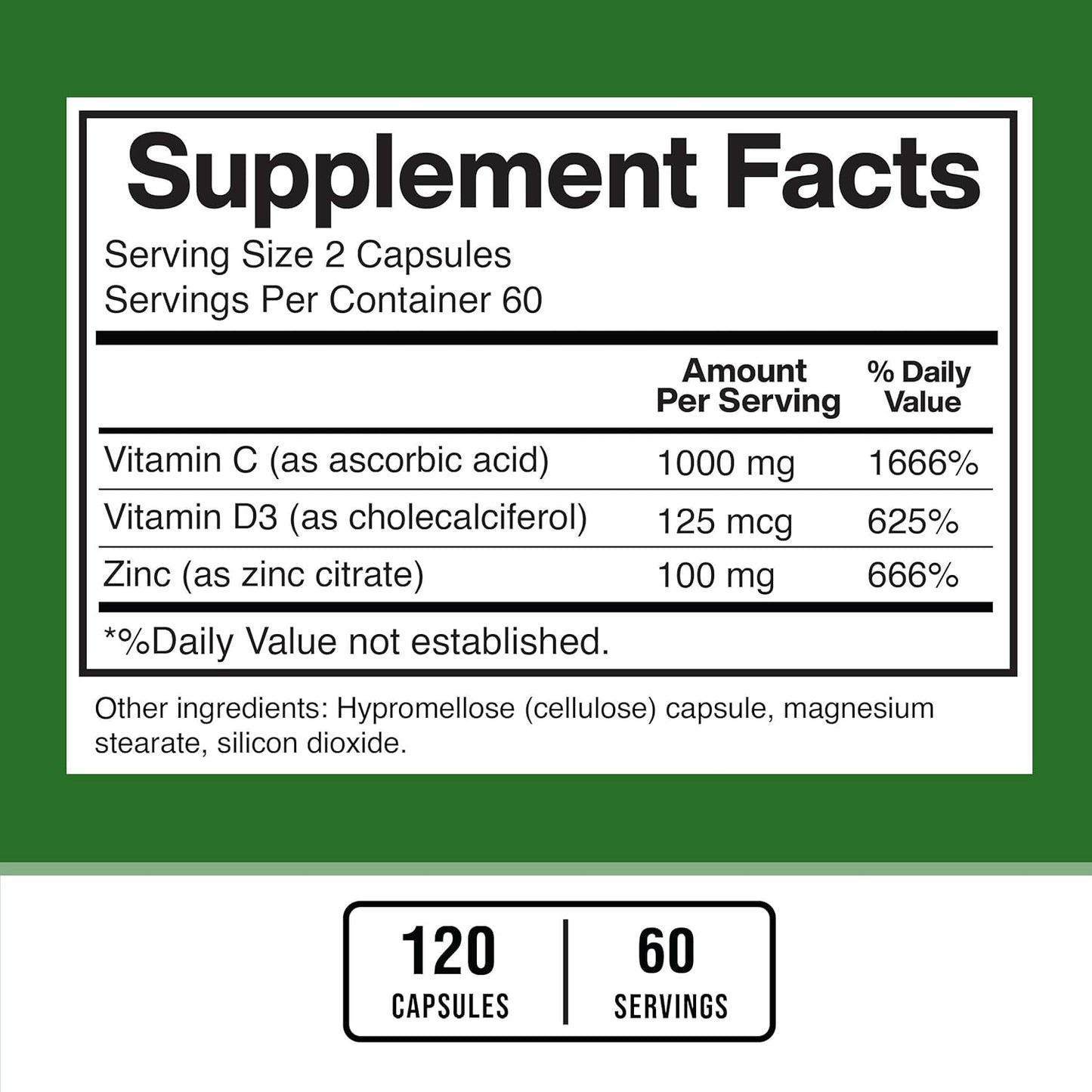 American Standard Supplements Zinc 100mg, Vitamin C 1000mg, and Vitamin D3 5000 IU Capsules - Gluten Free, Non-GMO, 120 Capsules, 60 Servings