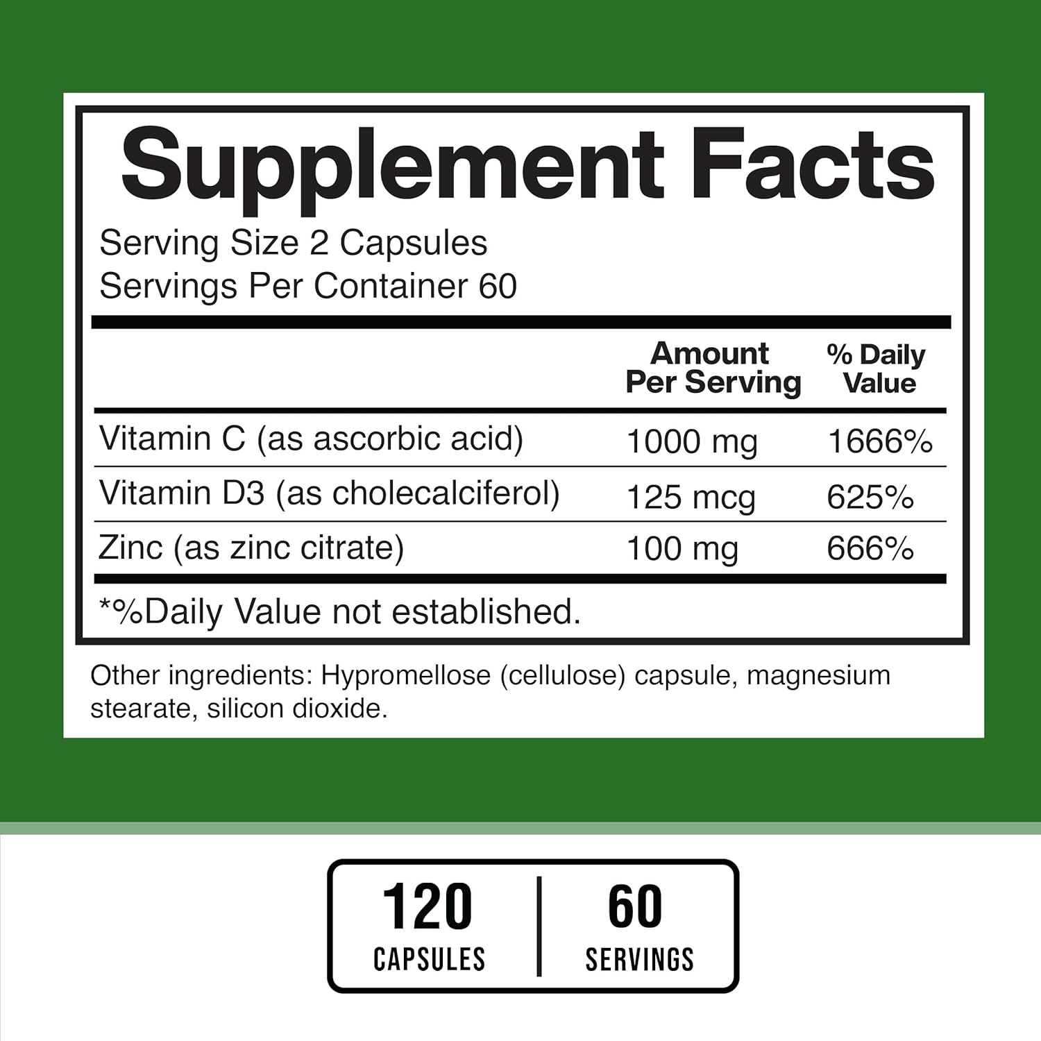 American Standard Supplements Zinc 100mg, Vitamin C 1000mg, and Vitamin D3 5000 IU Capsules - Gluten Free, Non-GMO, 120 Capsules, 60 Servings