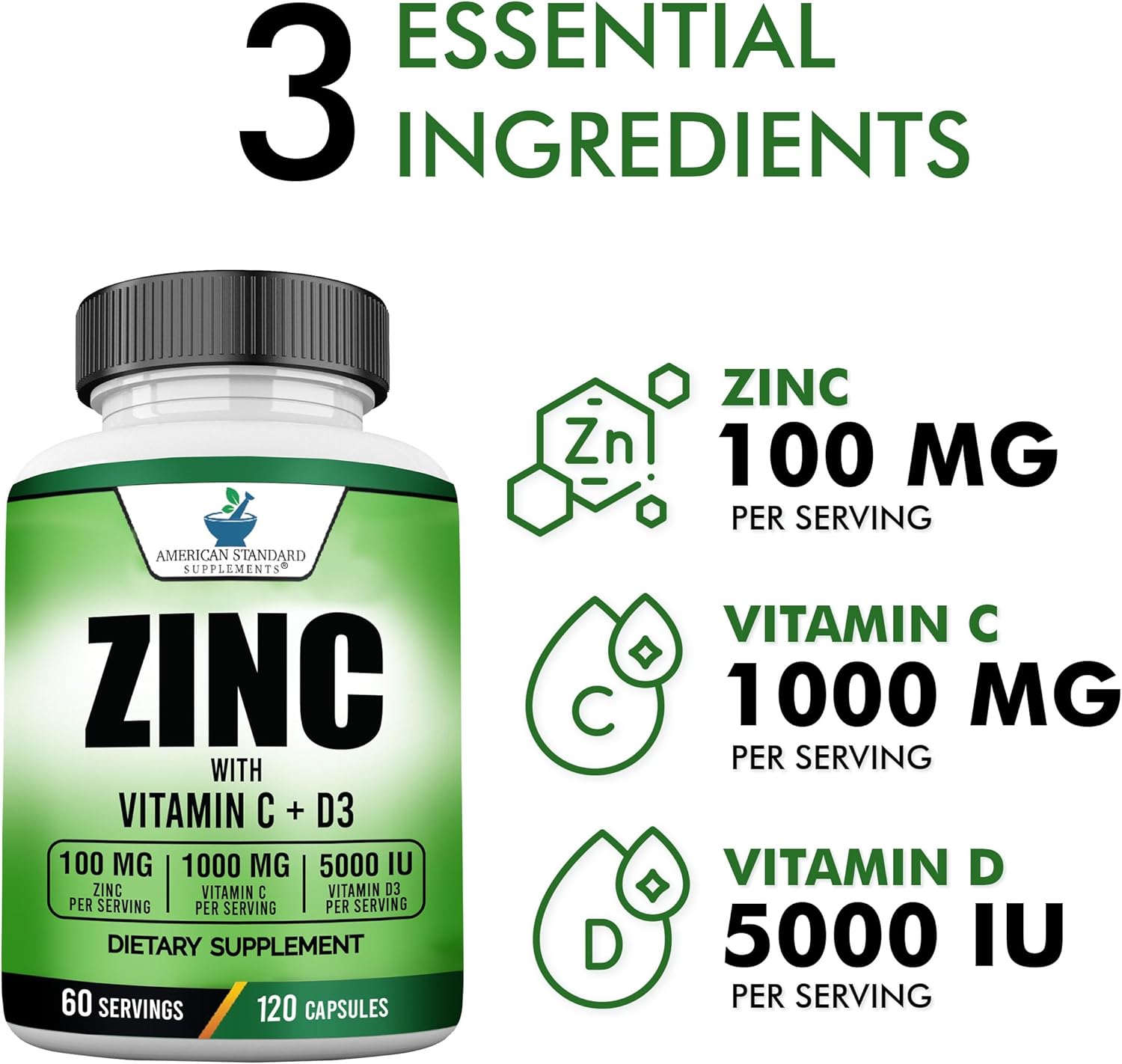 American Standard Supplements Zinc 100mg, Vitamin C 1000mg, and Vitamin D3 5000 IU Capsules - Gluten Free, Non-GMO, 120 Capsules, 60 Servings