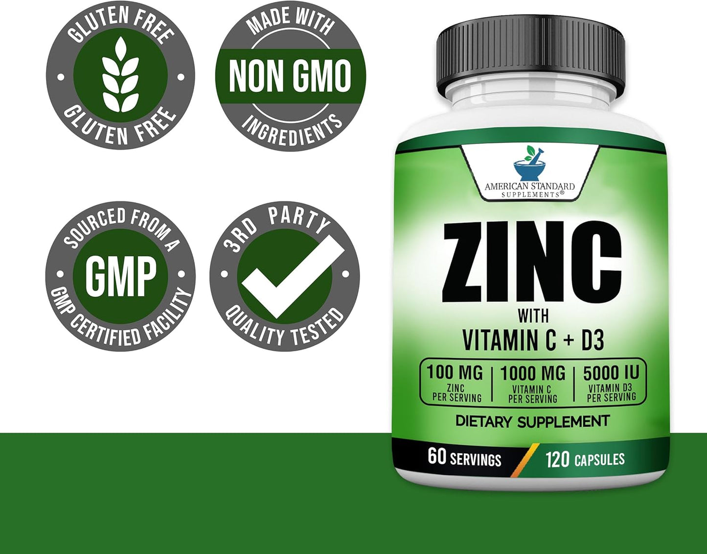 American Standard Supplements Zinc 100mg, Vitamin C 1000mg, and Vitamin D3 5000 IU Capsules - Gluten Free, Non-GMO, 120 Capsules, 60 Servings