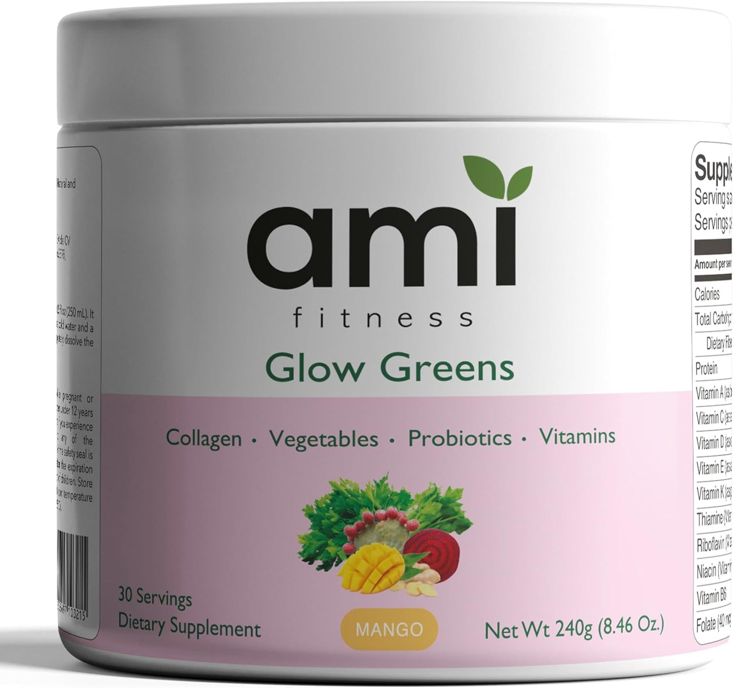 Ami Fitness Glow Greens Powder with Collagen, Probiotics, and Superfoods for Gut Health and Radiant Skin - Mango Juice Mix, 30 Servings