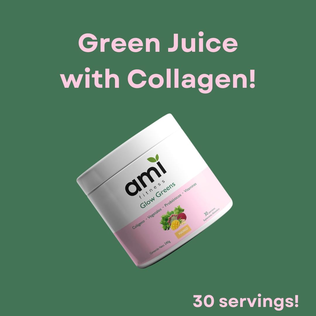 Ami Fitness Glow Greens Powder with Collagen, Probiotics, and Superfoods for Gut Health and Radiant Skin - Mango Juice Mix, 30 Servings