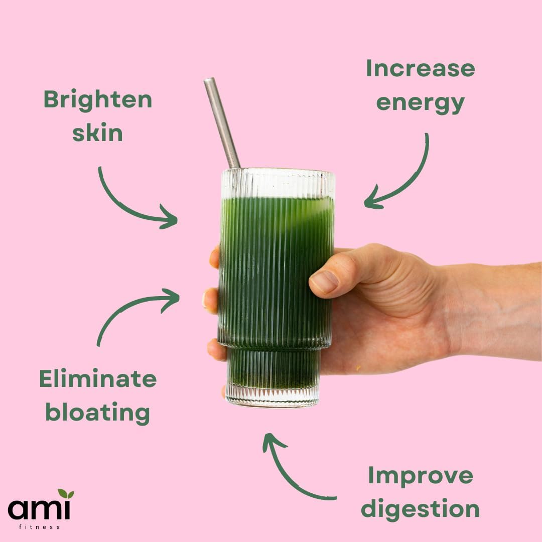 Ami Fitness Glow Greens Powder with Collagen, Probiotics, and Superfoods for Gut Health and Radiant Skin - Mango Juice Mix, 30 Servings