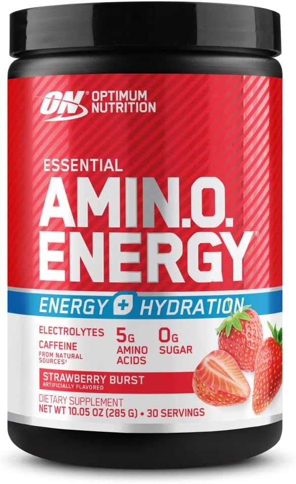 Amino Energy Powder Plus Hydration with BCAA, Electrolytes, Caffeine - Strawberry Burst, 30 Servings