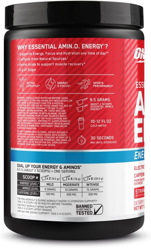 Amino Energy Powder Plus Hydration with BCAA, Electrolytes, Caffeine - Strawberry Burst, 30 Servings