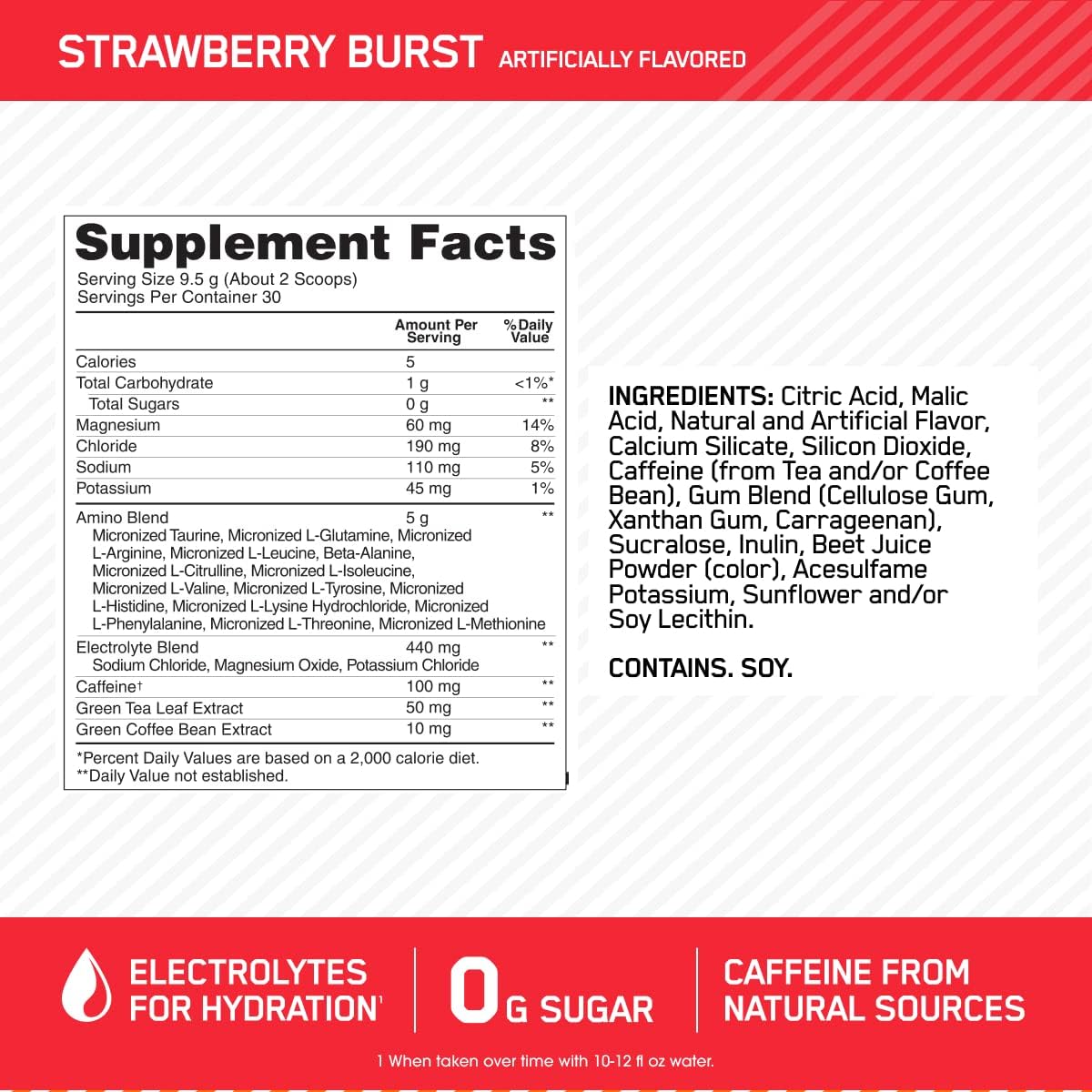 Amino Energy Powder Plus Hydration with BCAA, Electrolytes, Caffeine - Strawberry Burst, 30 Servings