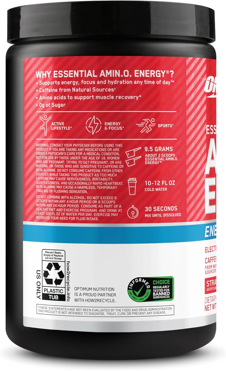 Amino Energy Powder Plus Hydration with BCAA, Electrolytes, Caffeine - Strawberry Burst, 30 Servings
