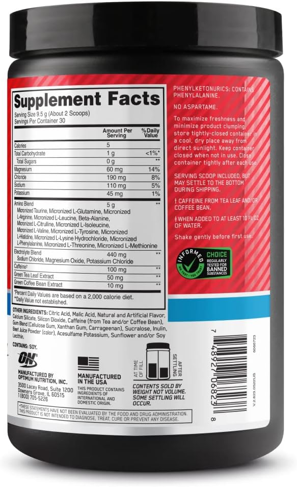 Amino Energy Powder Plus Hydration with BCAA, Electrolytes, Caffeine - Strawberry Burst, 30 Servings