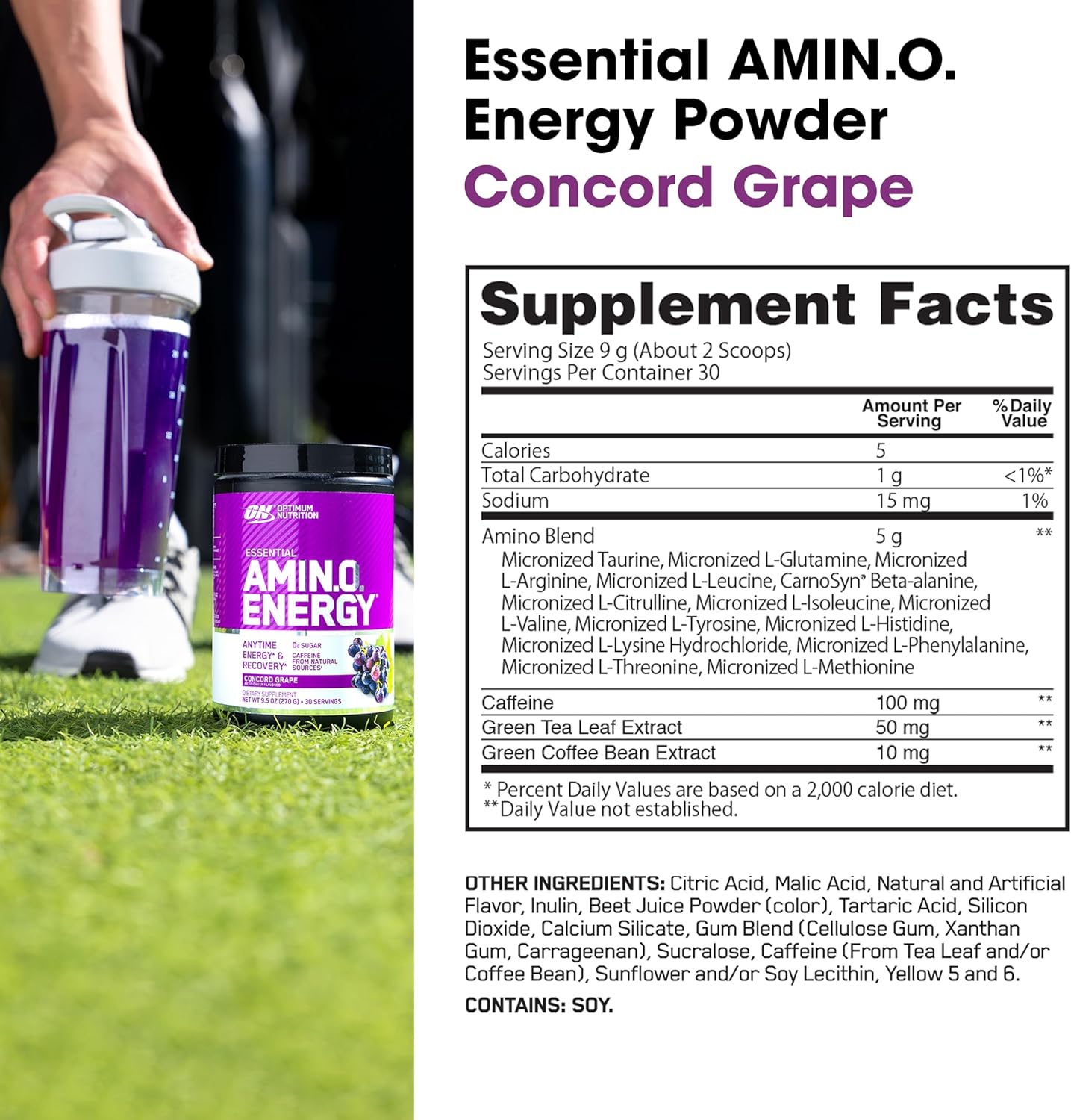 Amino Energy Pre Workout Powder with Green Tea, BCAA, Amino Acids, Green Coffee Extract - Keto Friendly Energy Drink, Concord Grape, 30 Servings